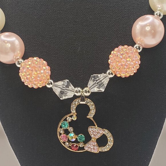 Adorable Pink Shades Bubblegum Beaded w/Gold Tone Colorful Rhinestone Necklace - Picture 7 of 13
